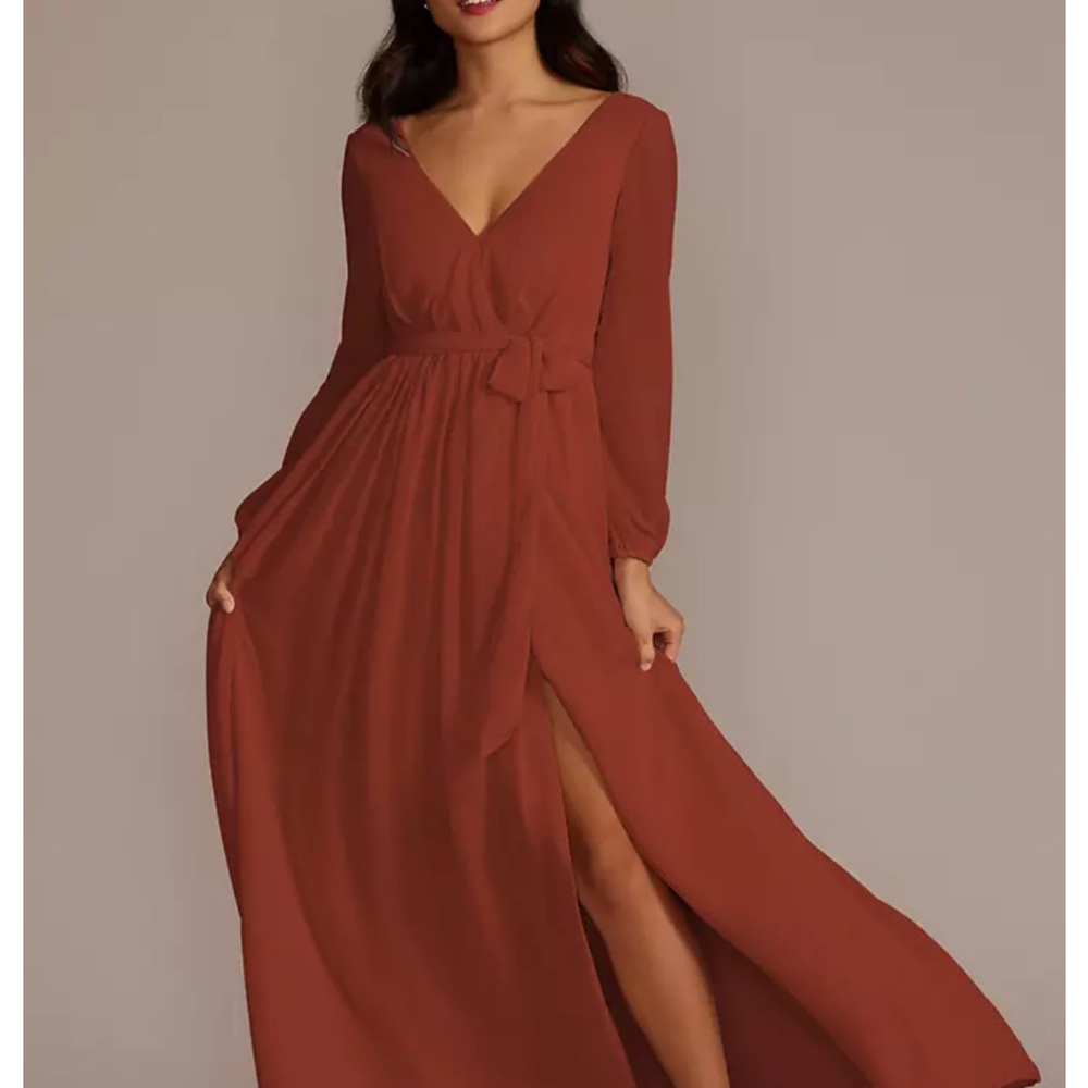 David's Bridal Orange Wrap Gown with Bishop Sleeves